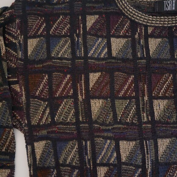 VTG TSR Textured Knit Sweater Brown Multi Retro Geometric Eclectic Grandpa XL - Picture 8 of 10